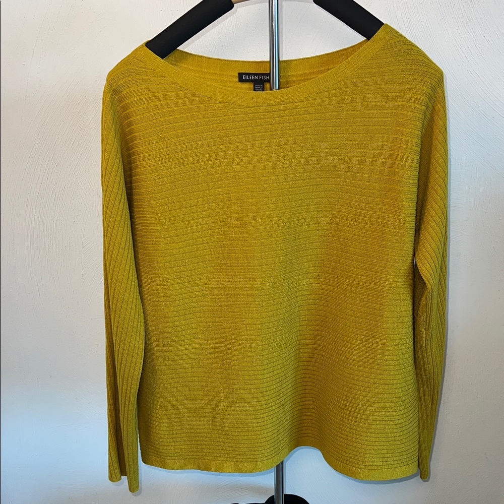 Eileen Fisher 100% Wool Mustard Ribbed Knit Top